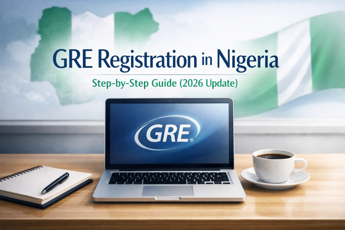 "A professional blog cover image for GRE Registration in Nigeria, featuring a laptop with the GRE logo, a notebook, a coffee cup, and a subtle Nigerian flag motif in the background. The title 'GRE Registration in Nigeria: Step-by-Step Guide (2026 Update)' is prominently displayed."
