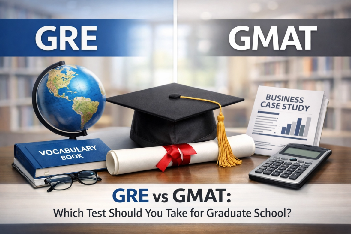 A professional split-screen blog cover image comparing the GRE and GMAT. The left side features a blue vocabulary book, a globe, and eyeglasses under the "GRE" heading. The right side shows a "Business Case Study" document and a calculator under the "GMAT" heading. In the center, a black graduation cap and a rolled diploma with a red ribbon rest on a wooden desk. The title "GRE vs GMAT: Which Test Should You Take for Graduate School?" is displayed at the bottom.