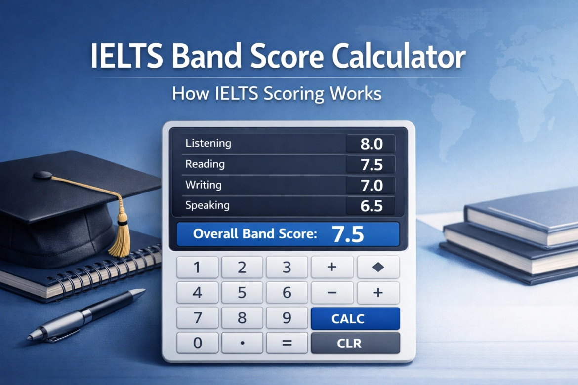 "A professional blog cover image titled 'IELTS Band Score Calculator: How IELTS Scoring Works' featuring a digital calculator displaying sample scores for Listening (8.0), Reading (7.5), Writing (7.0), and Speaking (6.5), with an overall band score of 7.5. The background includes a graduation cap, a pen, and a stack of books on a blue-toned academic-themed desk."