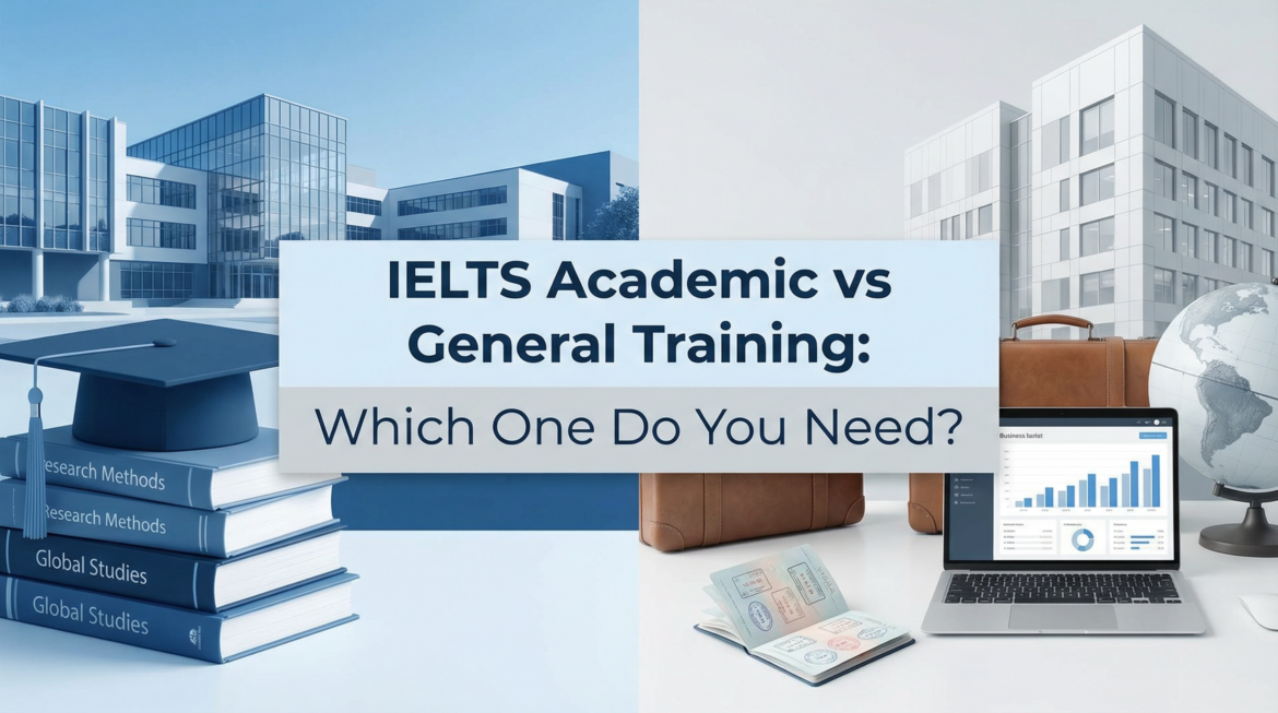 "IELTS Academic vs General Training comparison image, showing academic symbols (graduation cap, textbooks, university) on one side and general training symbols (office desk, passport, globe) on the other, with the title "IELTS Academic vs General Training: Which One Do You Need?"