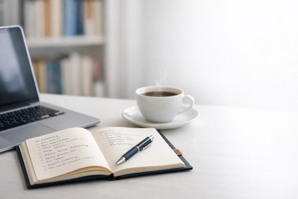 A professional and minimalist study desk featuring an open notebook with handwritten notes, a sleek pen, a laptop, and a steaming cup of coffee on a white surface, with a blurred bookshelf in the background, conveying a focused academic atmosphere.