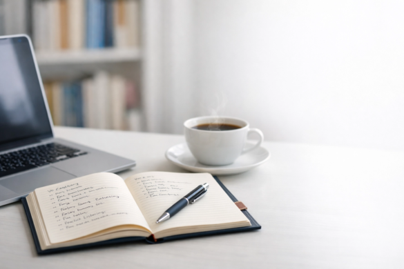 A professional and minimalist study desk featuring an open notebook with handwritten notes, a sleek pen, a laptop, and a steaming cup of coffee on a white surface, with a blurred bookshelf in the background, conveying a focused academic atmosphere.