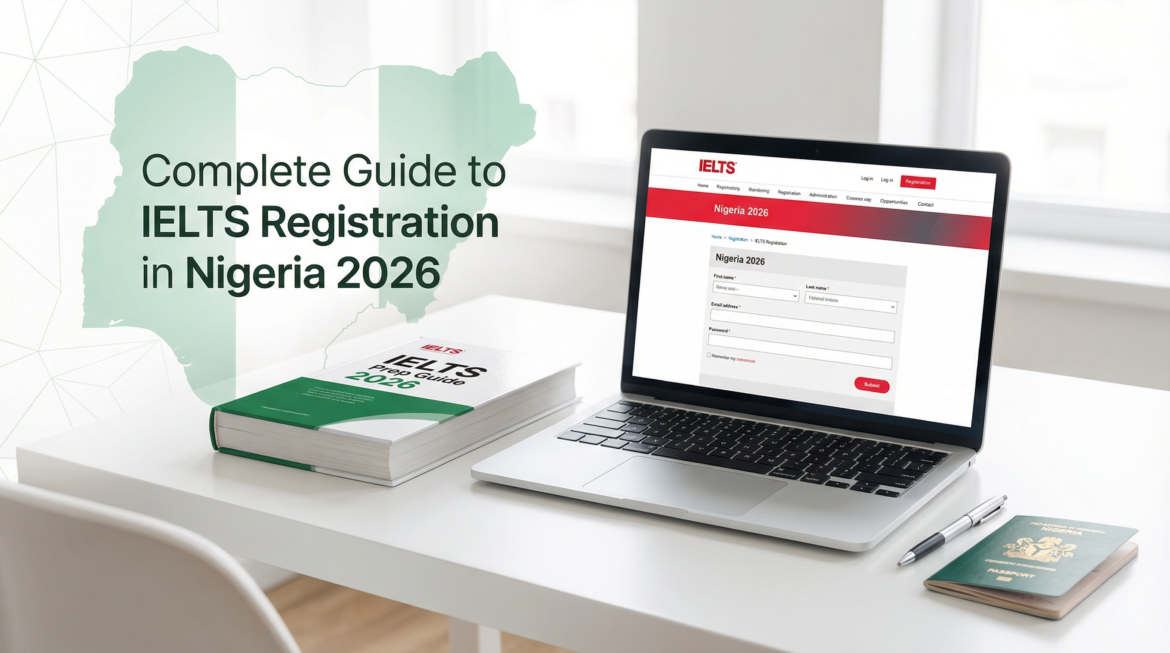 Professional blog cover for 'Complete Guide to IELTS Registration in Nigeria 2026'. Image shows a modern desk setup with a laptop displaying an IELTS registration page, an IELTS preparation book, a pen, and a Nigerian passport, against a subtle background of the Nigerian map with green and white accents.