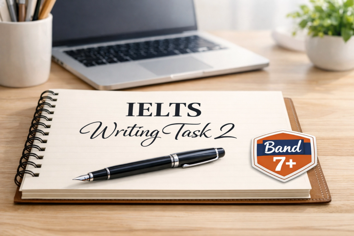 A professional desk setup for IELTS preparation featuring a spiral notebook with "IELTS Writing Task 2" written on the page, a sleek black fountain pen, and a laptop in the blurred background. A prominent orange and blue badge on the right side displays "Band 7+" to indicate the target score.