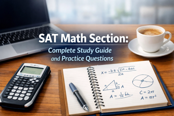 A professional blog cover image for an SAT Math study guide featuring a clean wooden desk with a laptop, a graphing calculator, a cup of coffee, and an open notebook showing mathematical formulas and geometry diagrams. The center of the image has a bold text overlay that reads "SAT Math Section: Complete Study Guide and Practice Questions."