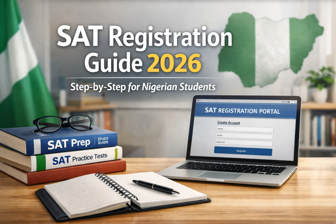 "A professional blog cover image for the 2026 SAT Registration Guide for Nigerian Students. The image features a laptop displaying an SAT registration portal, a stack of SAT prep books, and a notebook on a wooden desk. In the background, a Nigerian flag and a map of Nigeria are artistically integrated into a clean, modern study environment."
