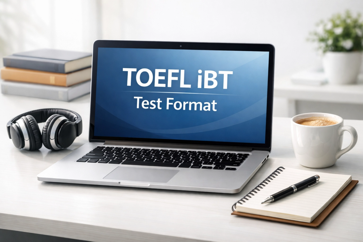 A professional and clean workspace featuring a laptop displaying the text "TOEFL iBT Test Format" on its screen, accompanied by a pair of headphones, a notebook with a pen, and a cup of coffee on a bright, minimalist desk.