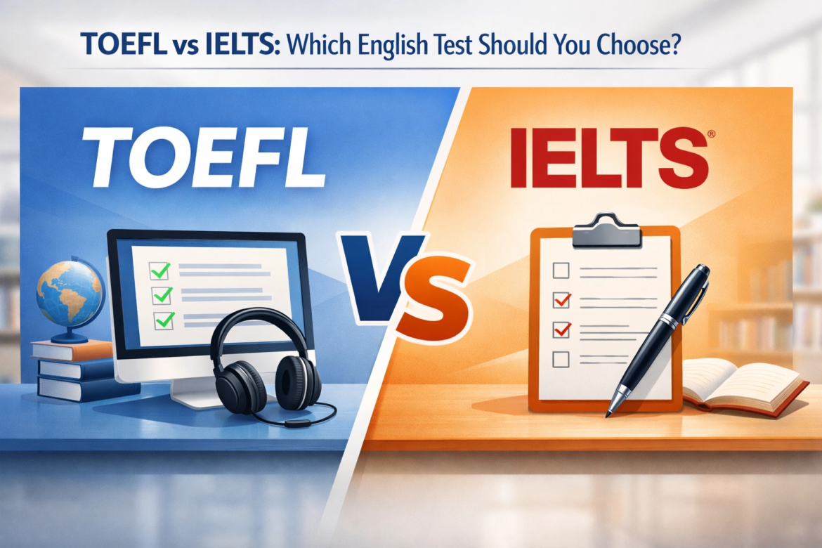 "TOEFL vs IELTS: Which English Test Should You Choose?" featuring a split-screen design. The left side (TOEFL) shows a computer monitor with a checklist, headphones, and a globe on a blue background. The right side (IELTS) shows a clipboard with a checklist, a pen, and an open book on an orange background.